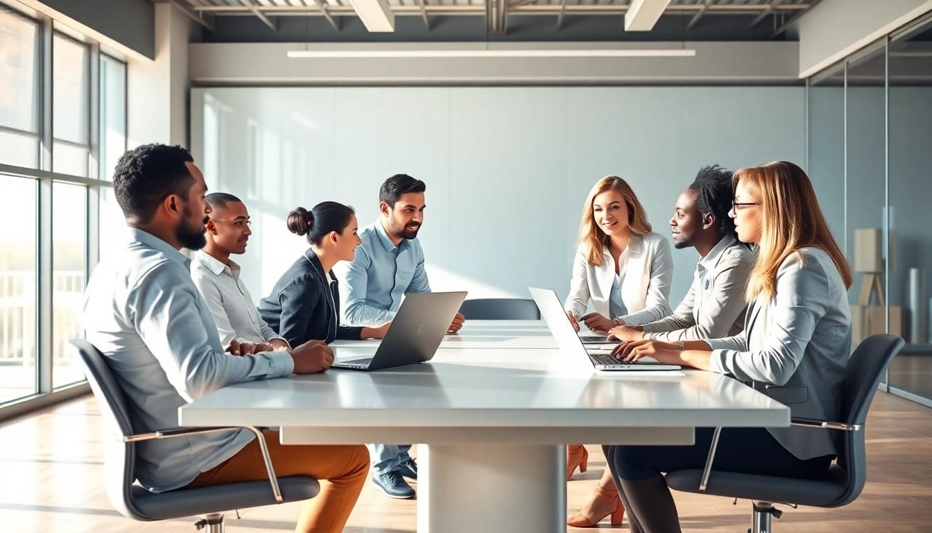 Engaging discussion among business phone providers in a modern office.