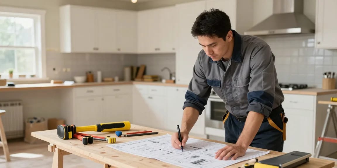Professional contractor evaluating plans at a home renovation site, trusted provider for we buy houses in Tennessee services.