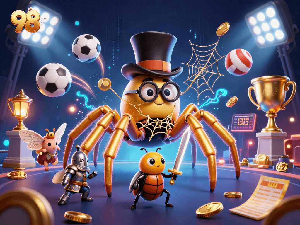 Experience thrilling sports betting with the 98win golden tarantula and beetle knight in a vibrant casino atmosphere.
