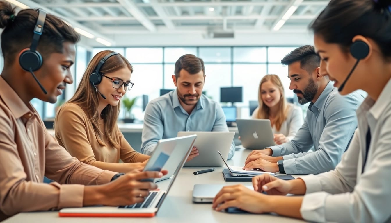 Engaging IT support services team collaborating actively in a modern office setting.