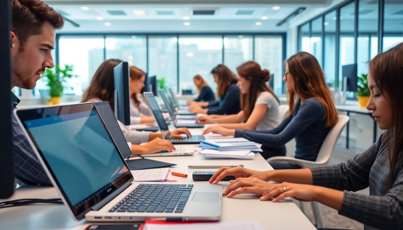 Efficient typing center showcasing professionals engaged in typing tasks within a bright office.