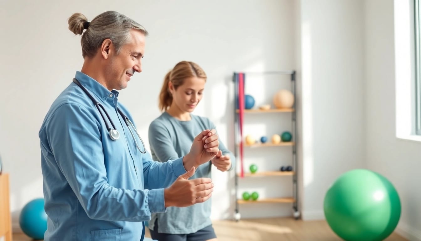 Physiotherapy near me session with a therapist assisting a patient in a bright clinic.