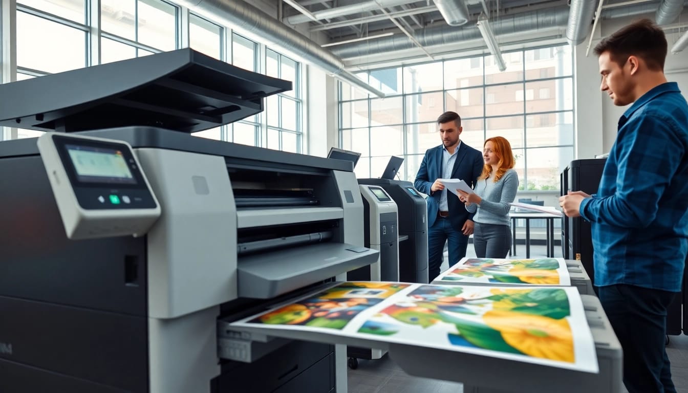 Showcasing printers edmonton alberta in a modern office environment with vibrant prints and professionals.