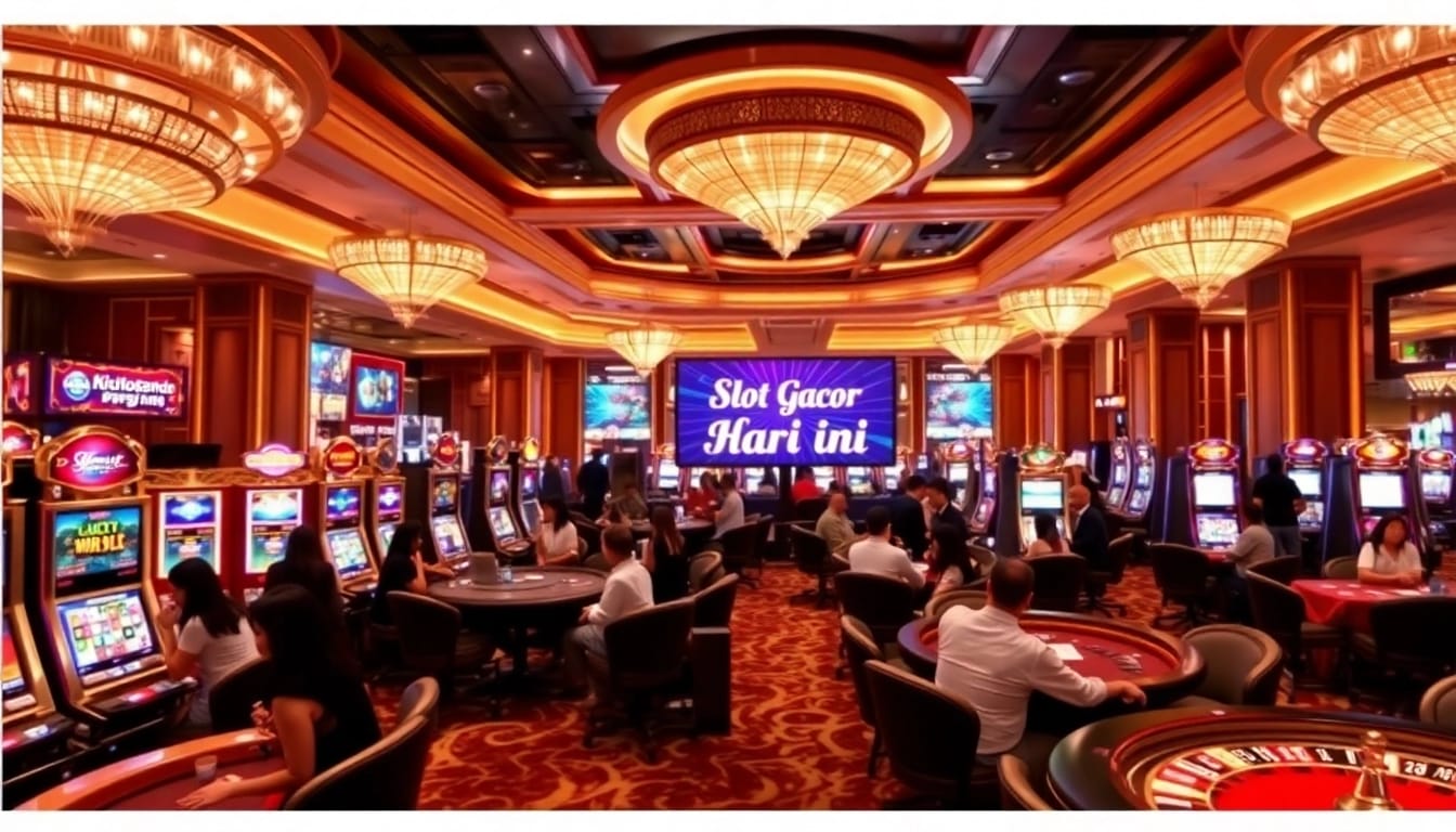 Exciting gaming atmosphere showcasing Slot Gacor Hari ini with diverse gamblers at elegant casino tables.