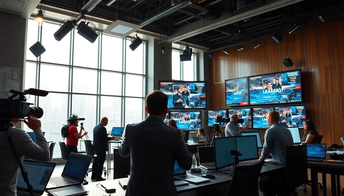 Journalists cover news in a vibrant newsroom filled with technology.