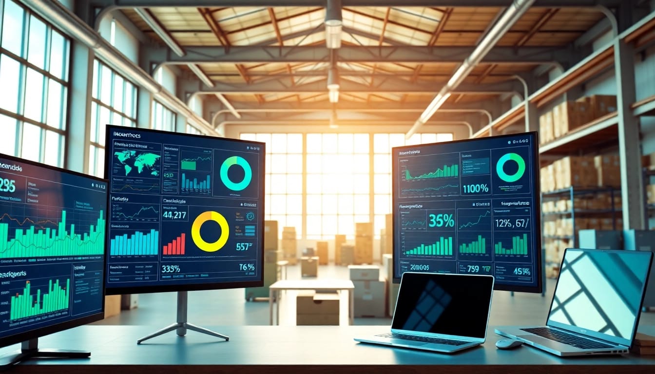 Visualize inventory optimization software with sleek dashboards and analytics in a modern office.