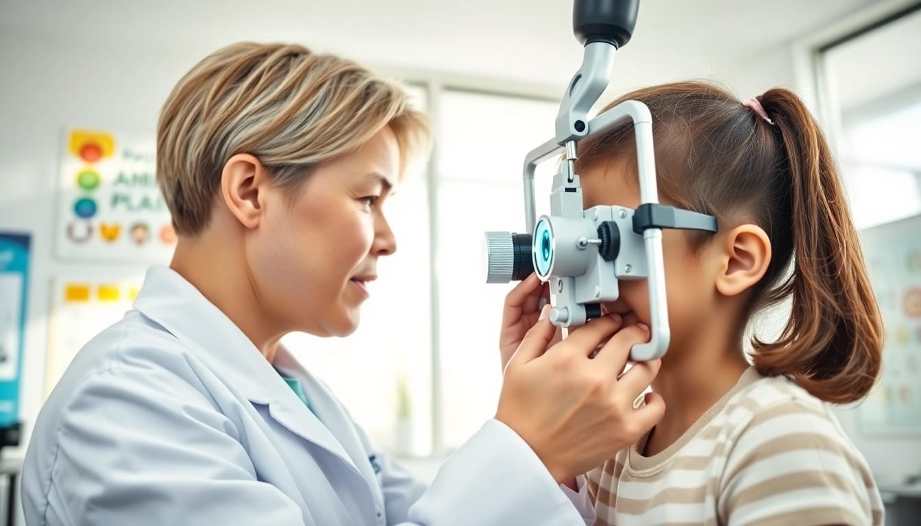 Assessing a child's eye health as part of Our Children's Vision initiative in a bright clinic setting.