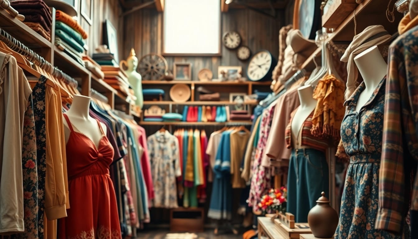 Explore unique vintage styles at https://thrift-vintage.com/ with colorful thrifted clothing on display.