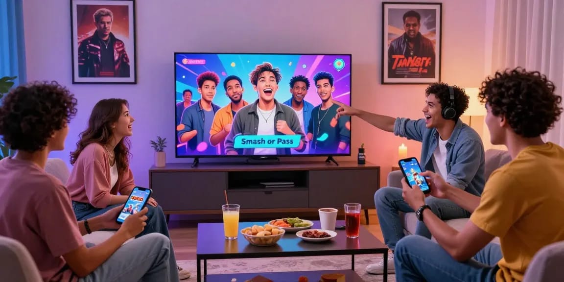 Friends enjoying a lively "smash or pass" game night with AI-generated celebrities on screen.