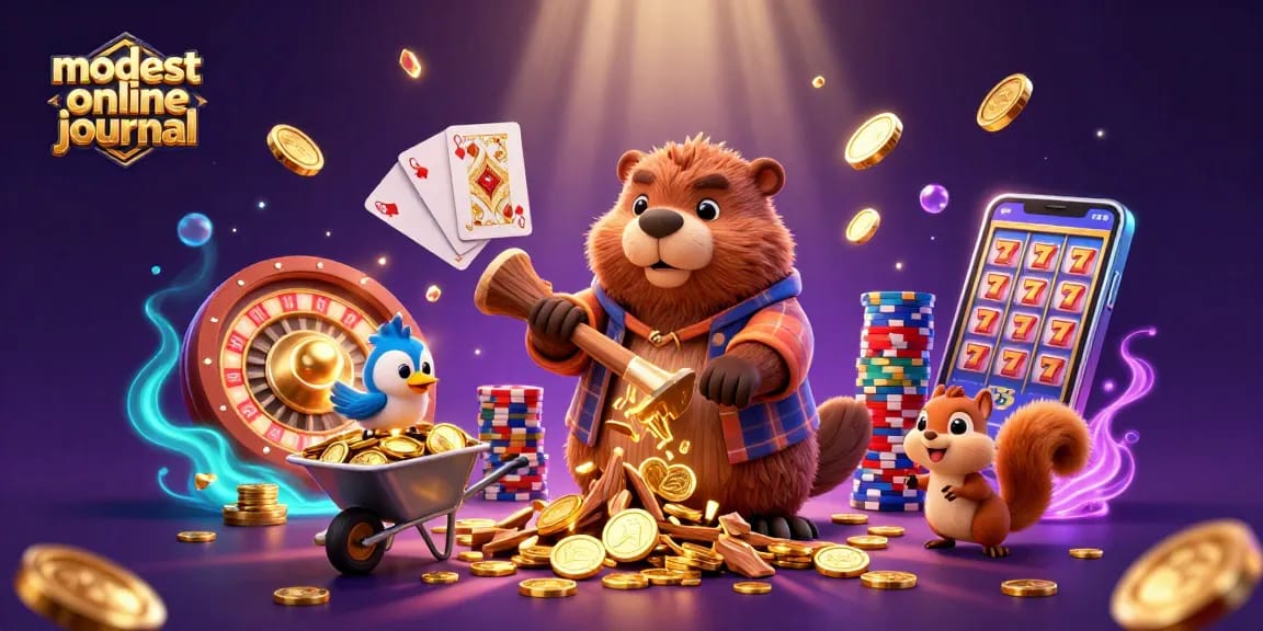 Engage with the modest online journal's vibrant casino scene, showcasing a beaver and friends collecting golden coins.