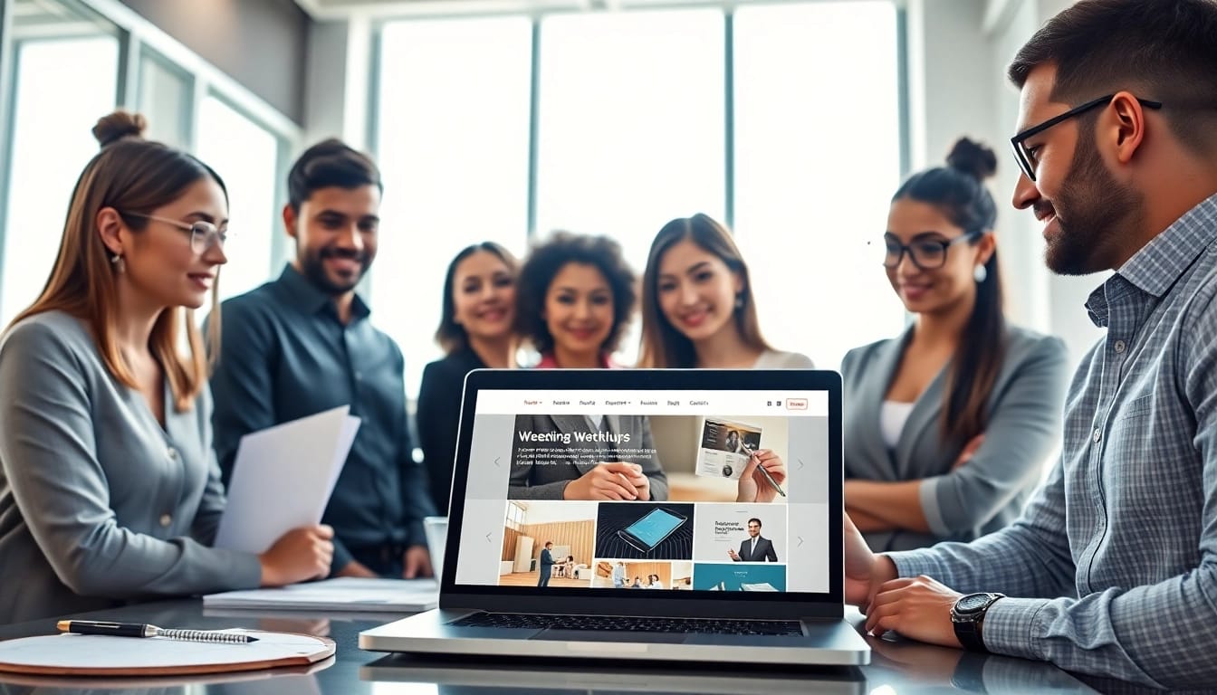 Showcasing edmonton web design through a professional team collaborating on digital mockups.