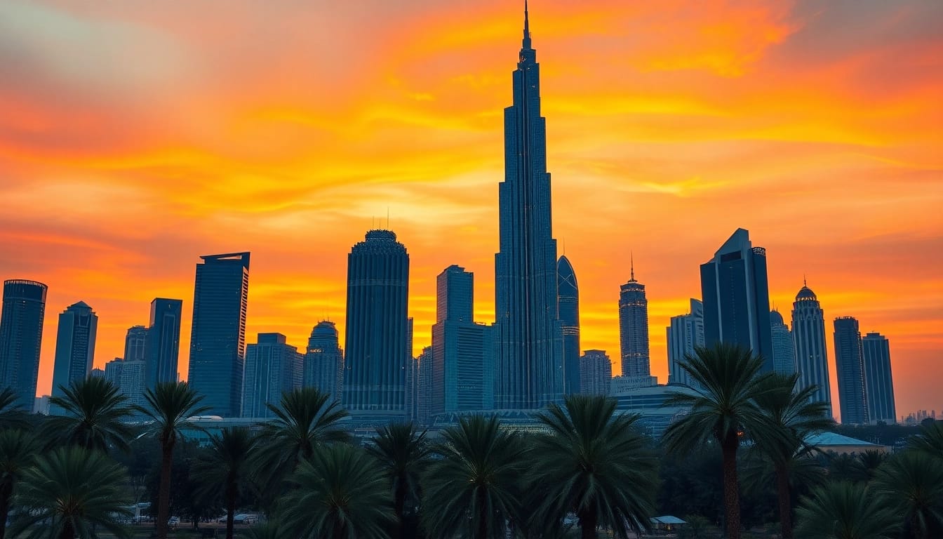 Showcasing Dubai City skyline at sunset with Burj Khalifa lighting up the vibrant skyline.