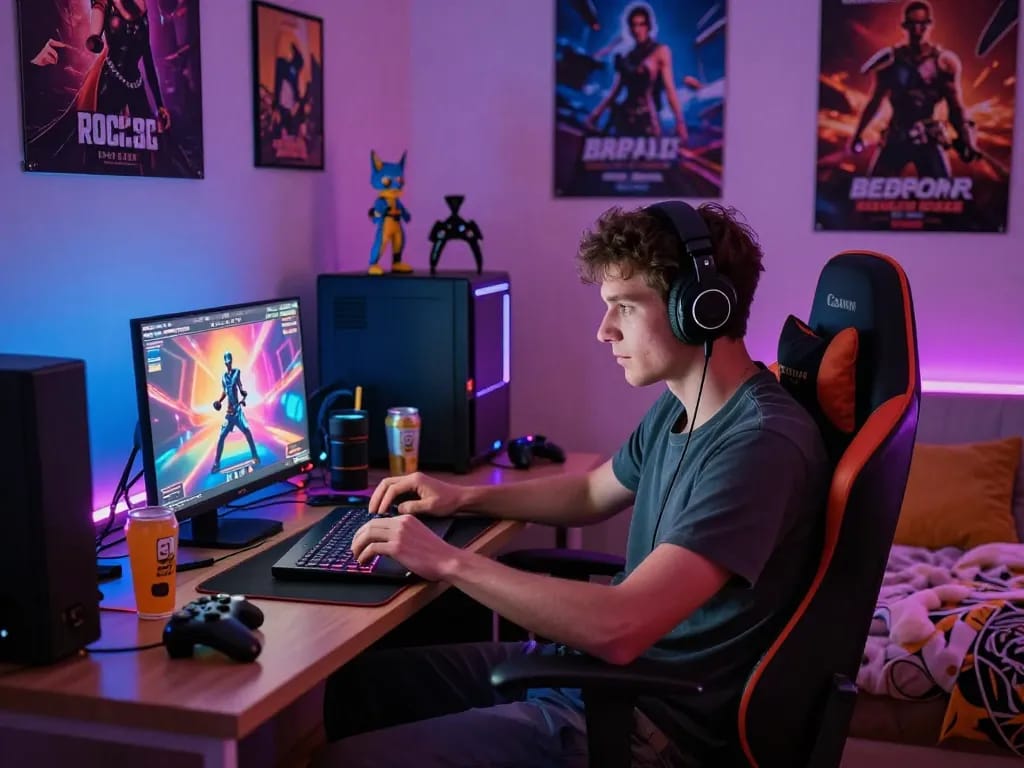 Engaged gamer enjoying free sex games in a cozy bedroom filled with vibrant decor
