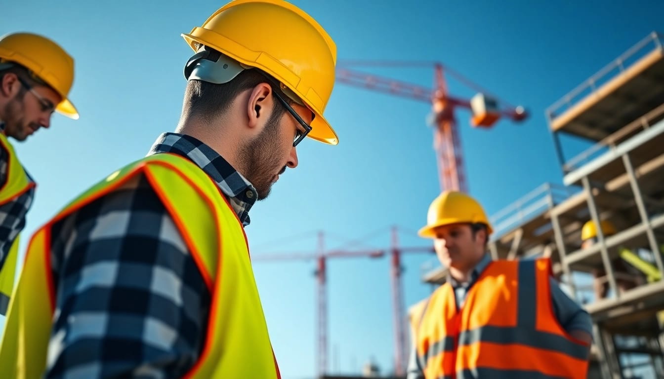 Enhance construction site safety with workers actively collaborating and ensuring proper safety measures.