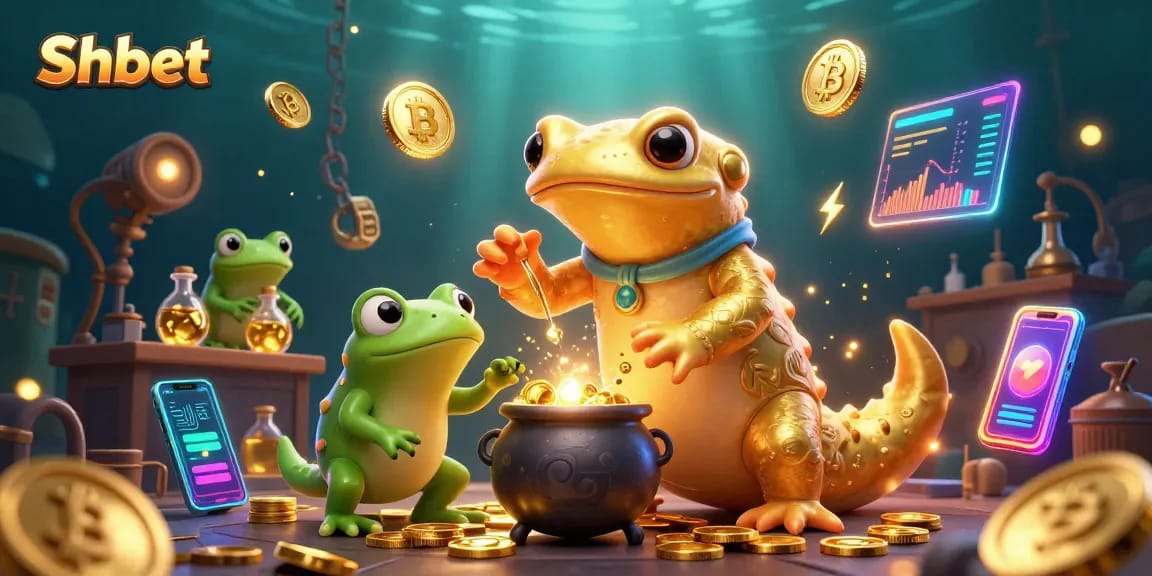 Experience Shbet's thrilling online games with a vibrant scene of a golden salamander alchemist.