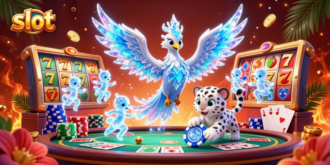 Spin the vibrant slot reels with luck as an ice phoenix and snow leopard delight in this colorful casino scene.