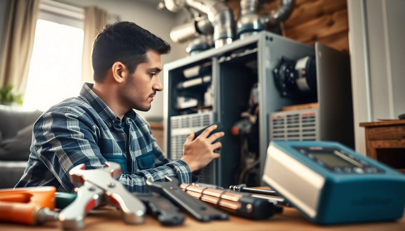 Efficient furnace installation patterson ny by a technician in a warm residential setting.