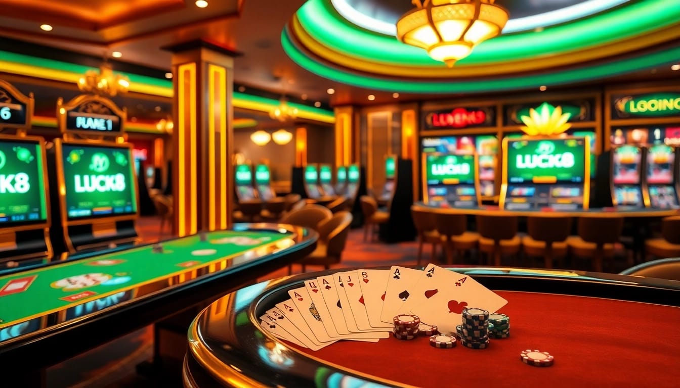 Engage with LUCK8's vibrant online casino environment featuring tables, slots, and betting slips.