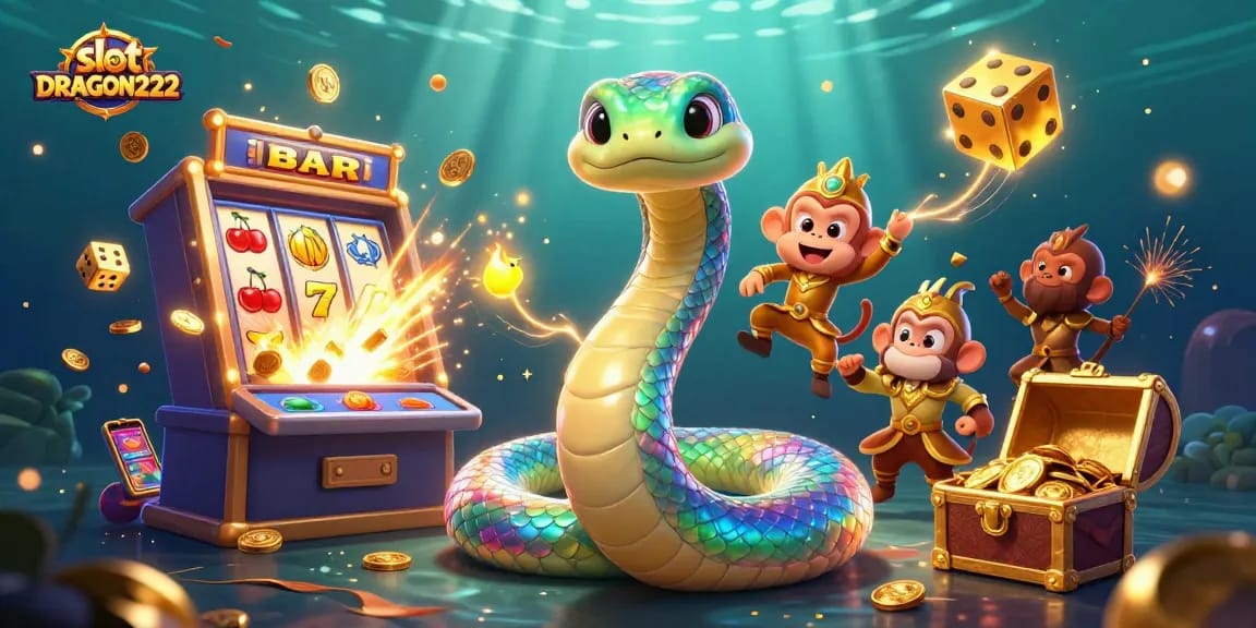 Play slot DRAGON222 amidst a colorful explosion of coins and symbols, showcasing an exciting casino atmosphere.