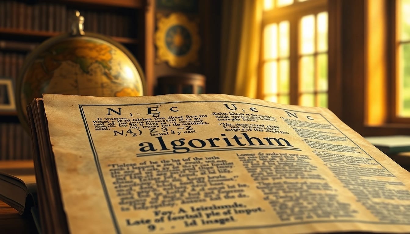 Explore algorithm etymology through an illustration of an ancient manuscript and scholarly setting.