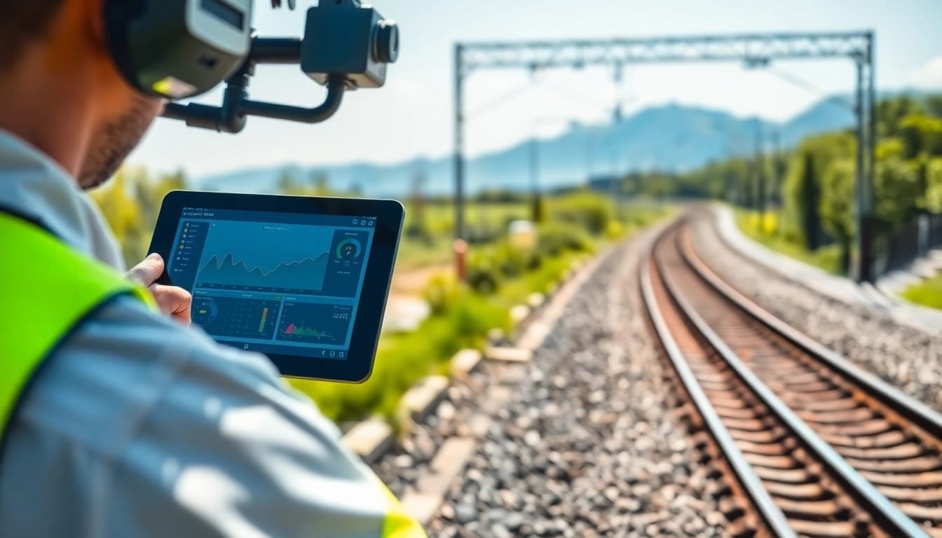Track Inspection equipment being utilized by a professional operator in a scenic railway setting.