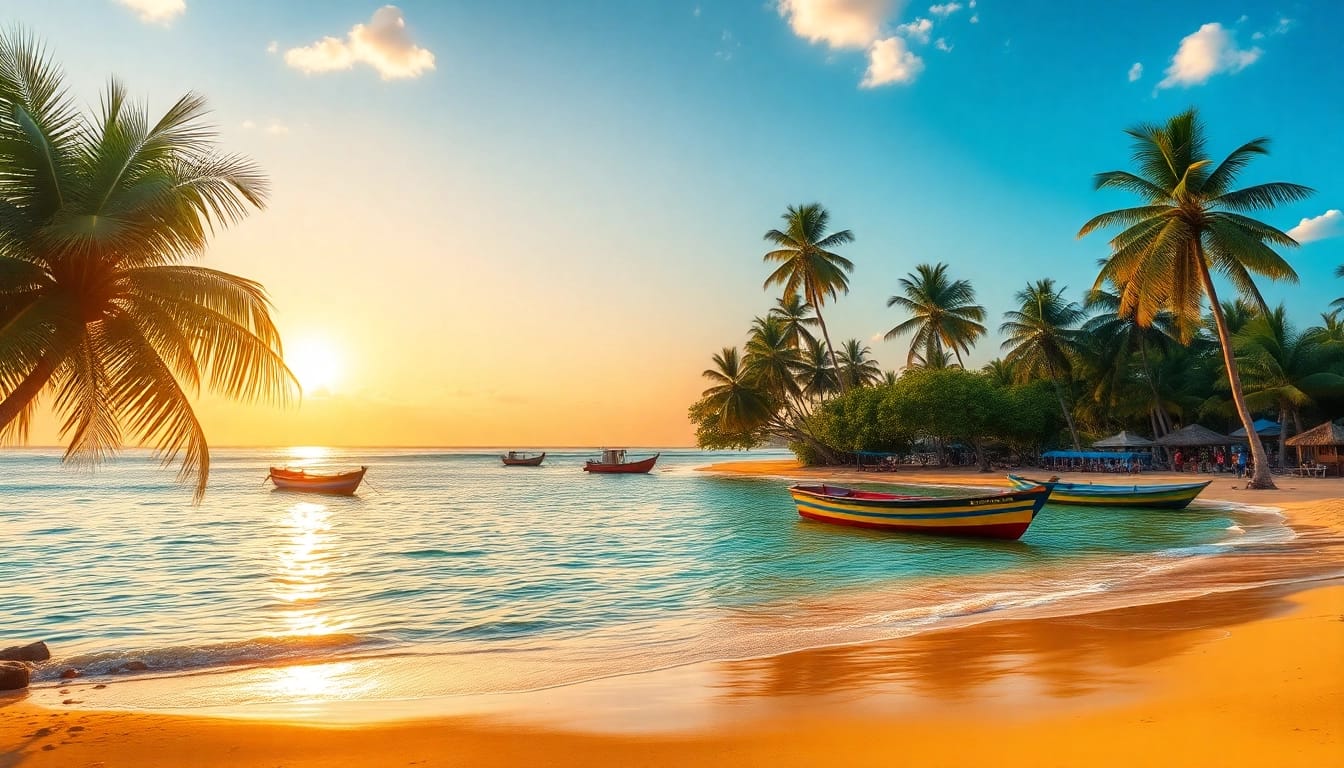 Clima em Paripueira retratado de forma deslumbrante com o pôr do sol sobre praias tropicais, destacando areias douradas e águas claras.