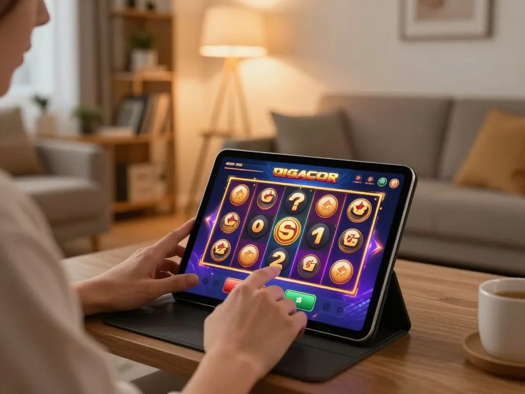 Engaging in slot gacor gameplay on a tablet at a stylish home gaming setup