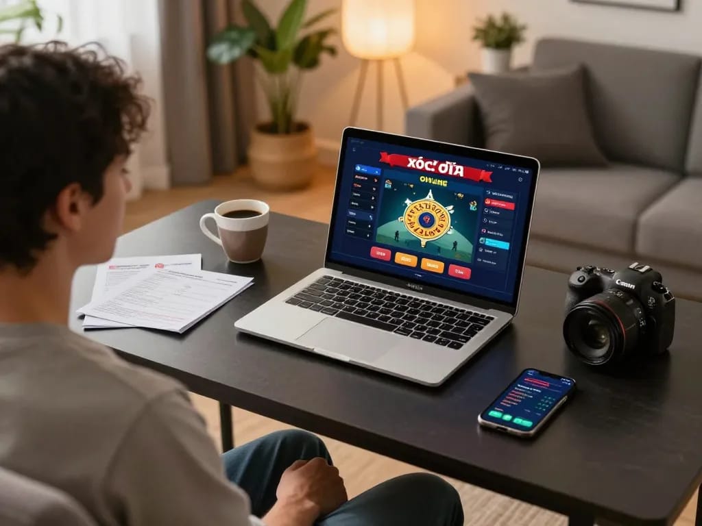 xóc đĩa online gameplay on a laptop in a cozy home setting with strategy notes