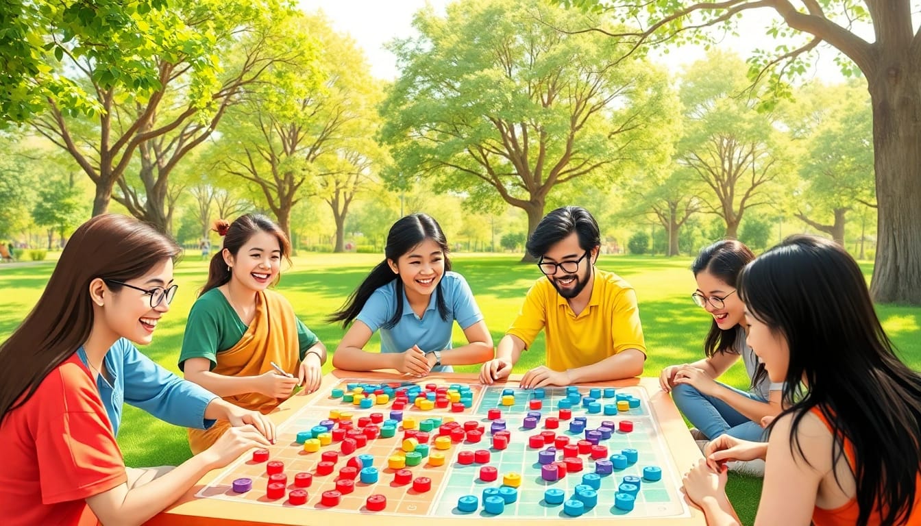 Engaged players enjoying various daman games in a vibrant park setting.