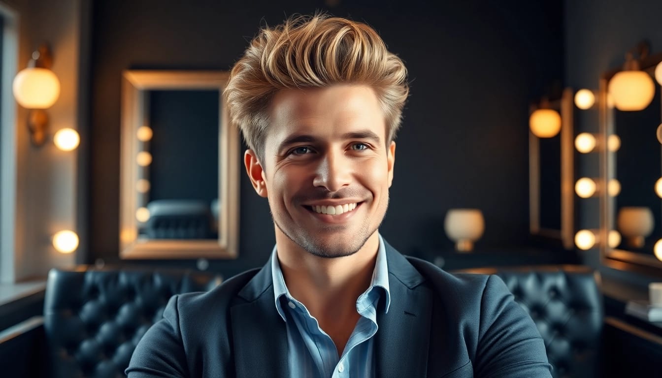 Ace of Fades 212 showcases a confident male model with a full hair system in a stylish studio.