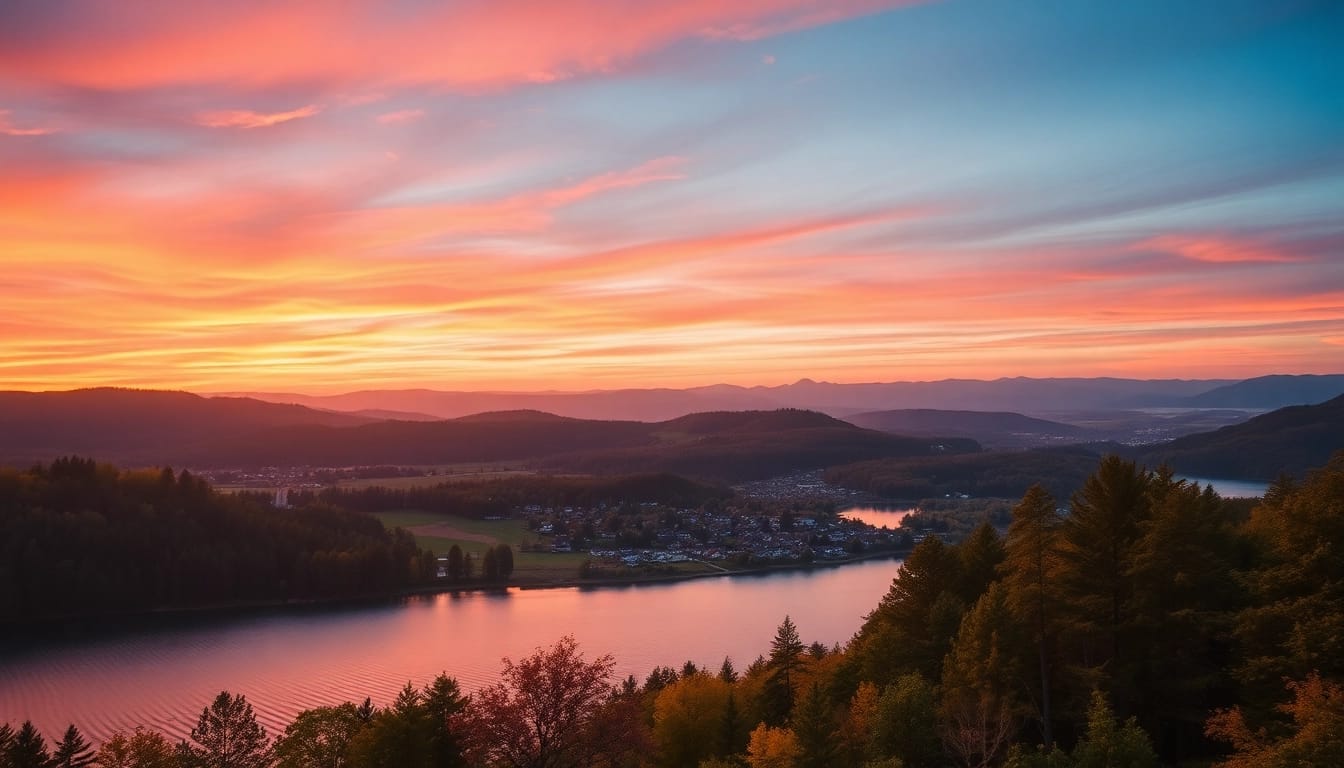 Clarksburg landscape showcasing cozy village and vibrant sunset.