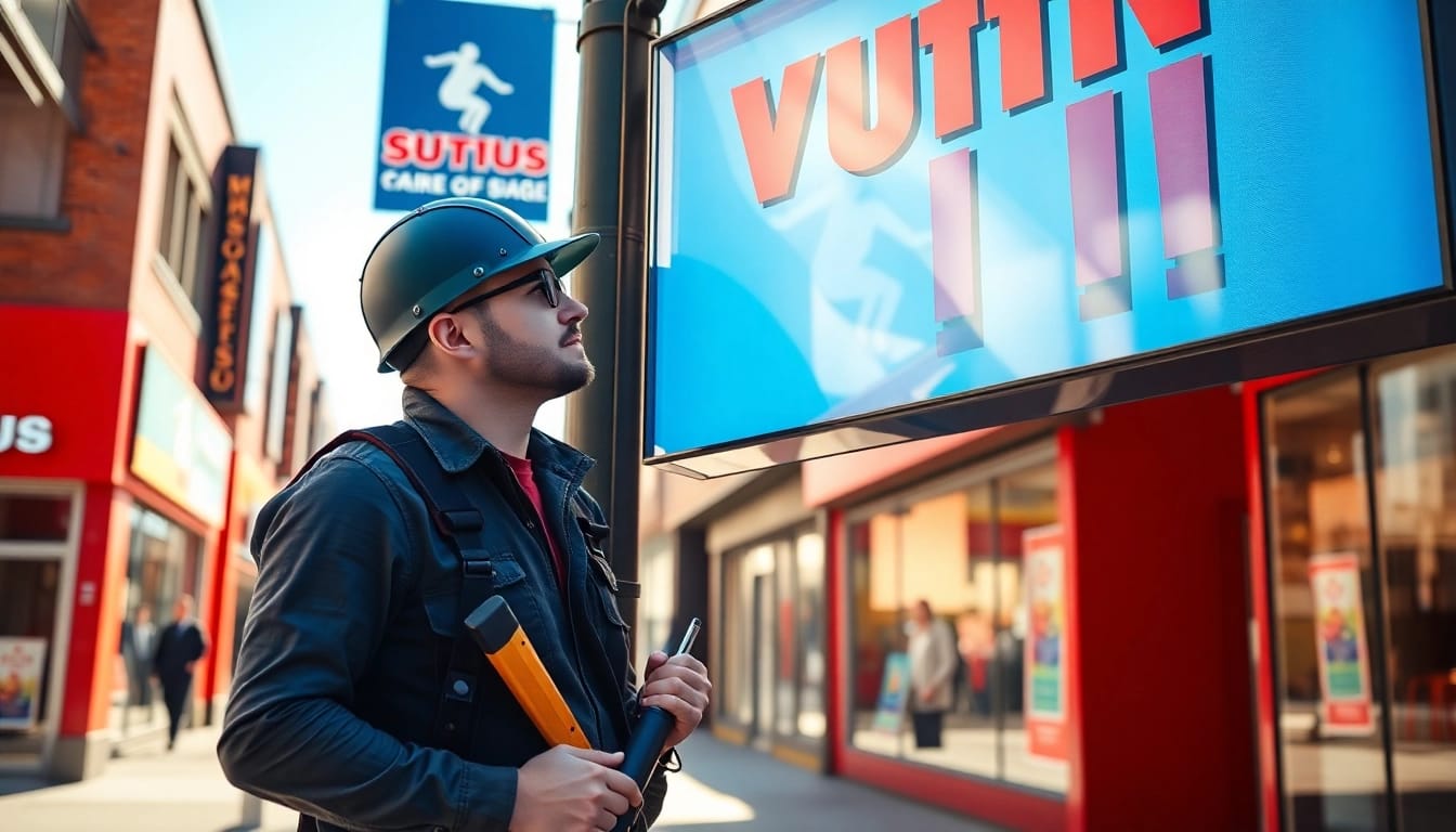 Technician working with a vibrant sign by a calgary sign company on a city street.