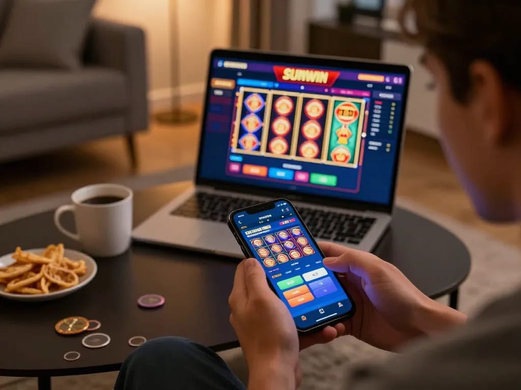 SUNWIN LINK MỚI showcased with user engaging in online gaming on a smartphone, cozy home atmosphere enhancing gameplay excitement.