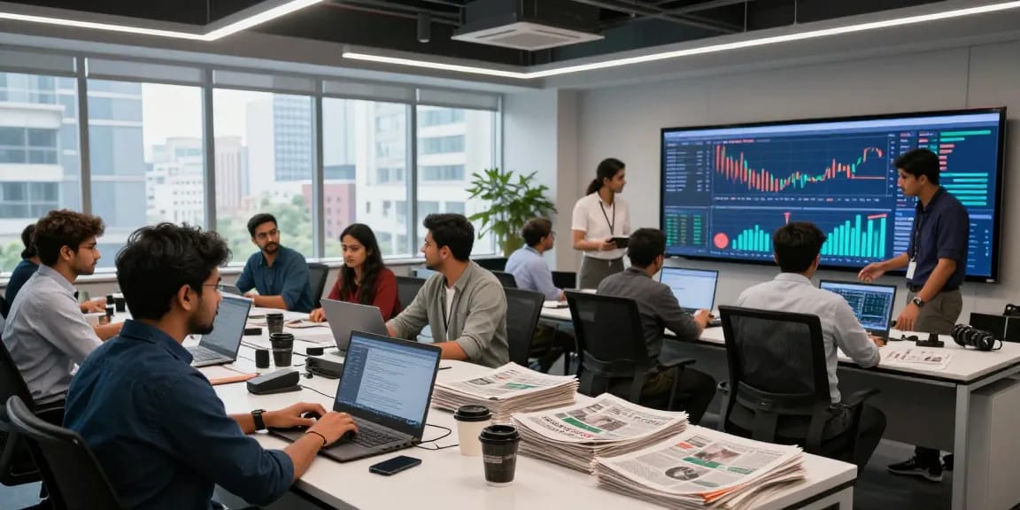Dynamic newsroom at https://www.theindaily.com showcasing diverse journalists collaborating on breaking news.