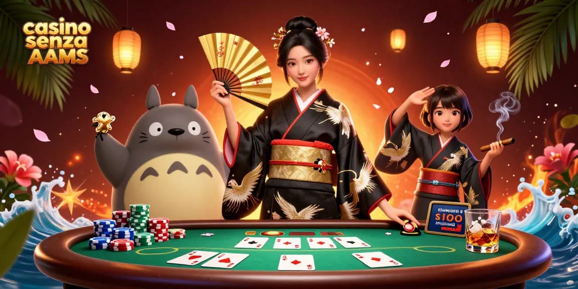 Scopri l'emozione dei casino senza AAMS con personaggi vivaci, giochi di poker e elementi dinamici in una scena 3D mozzafiato.