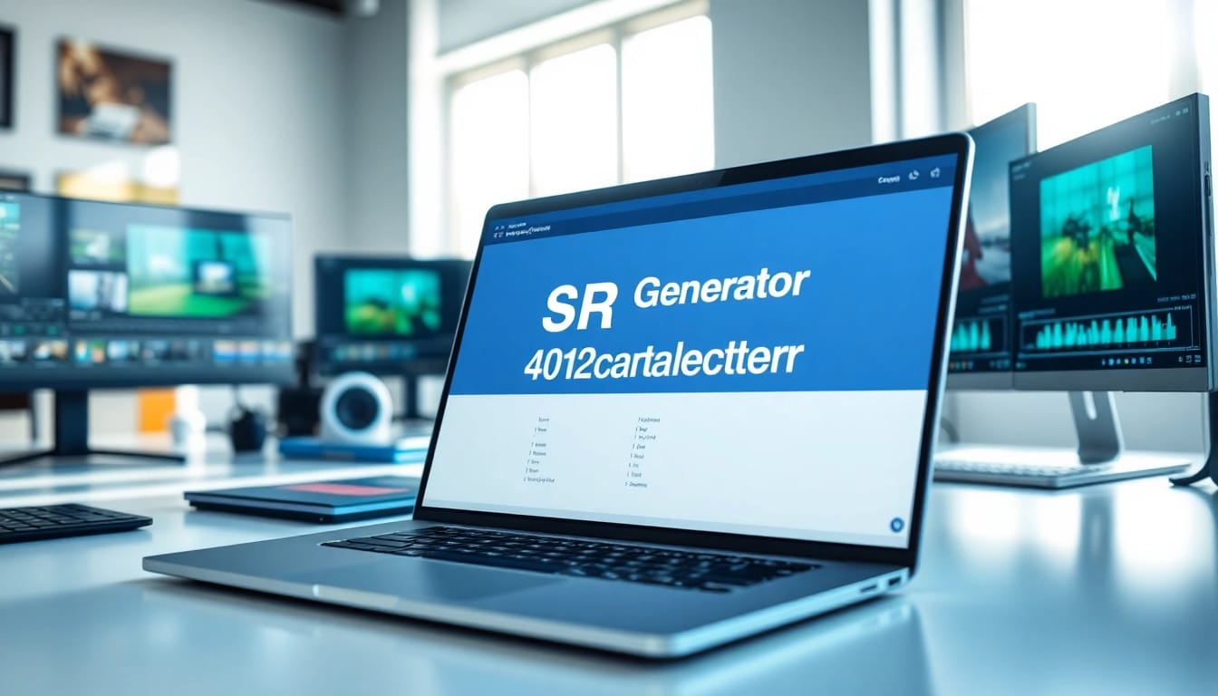 Utilize SRT Generator tool on a laptop amidst a modern workspace setting to create subtitles.