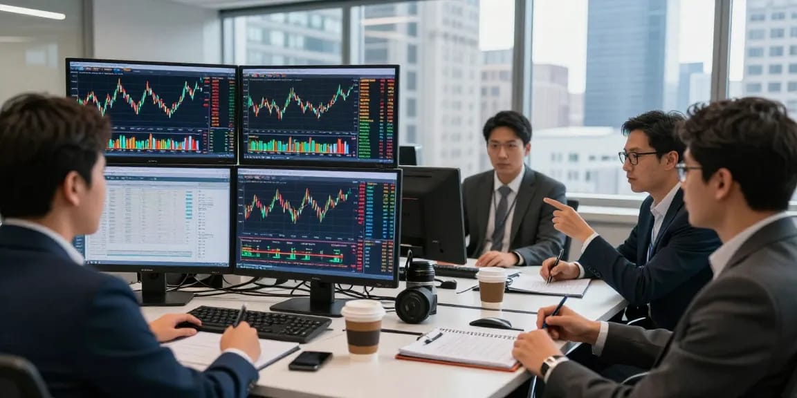 S&P 500 live chart displayed in a dynamic finance office with analysts engaged in market trends.