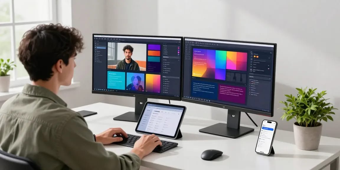 Dynamic workspace showcasing an AI developer using image to prompt software on dual monitors in a bright, modern office.