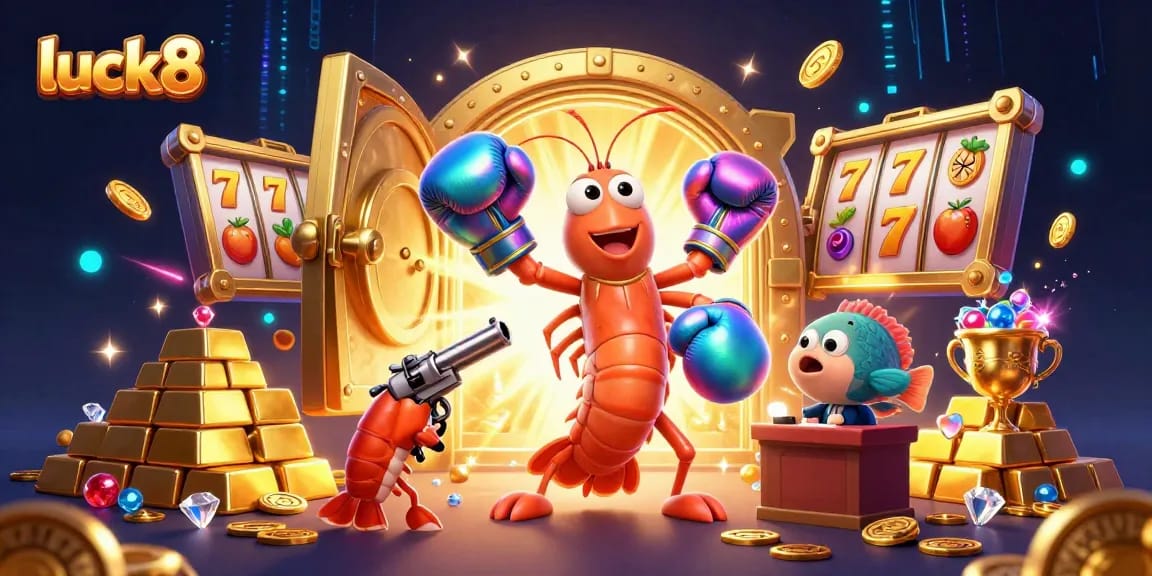 Join the action in luck8's vibrant casino world with animated shrimp characters and dazzling treasures.