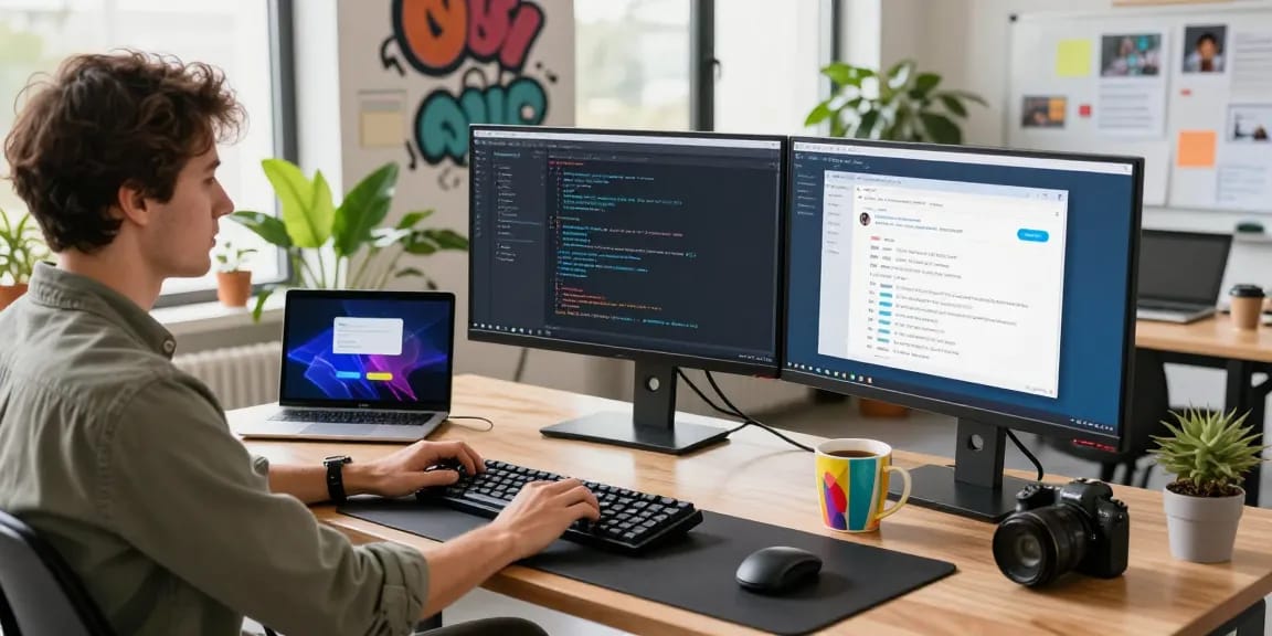 A developer working on 纸飞机中文版 in a modern workspace, showcasing dual monitors and coding activity.