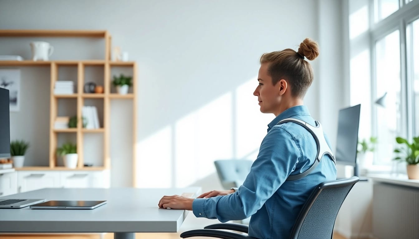 Using a posture brace, a model maintains perfect alignment while seated at a desk.