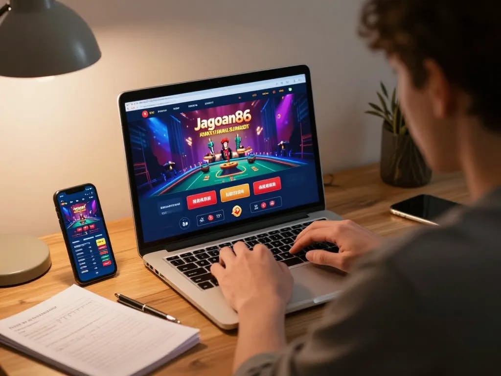Engaging with jagoan86 casino app on a laptop while strategizing with notes