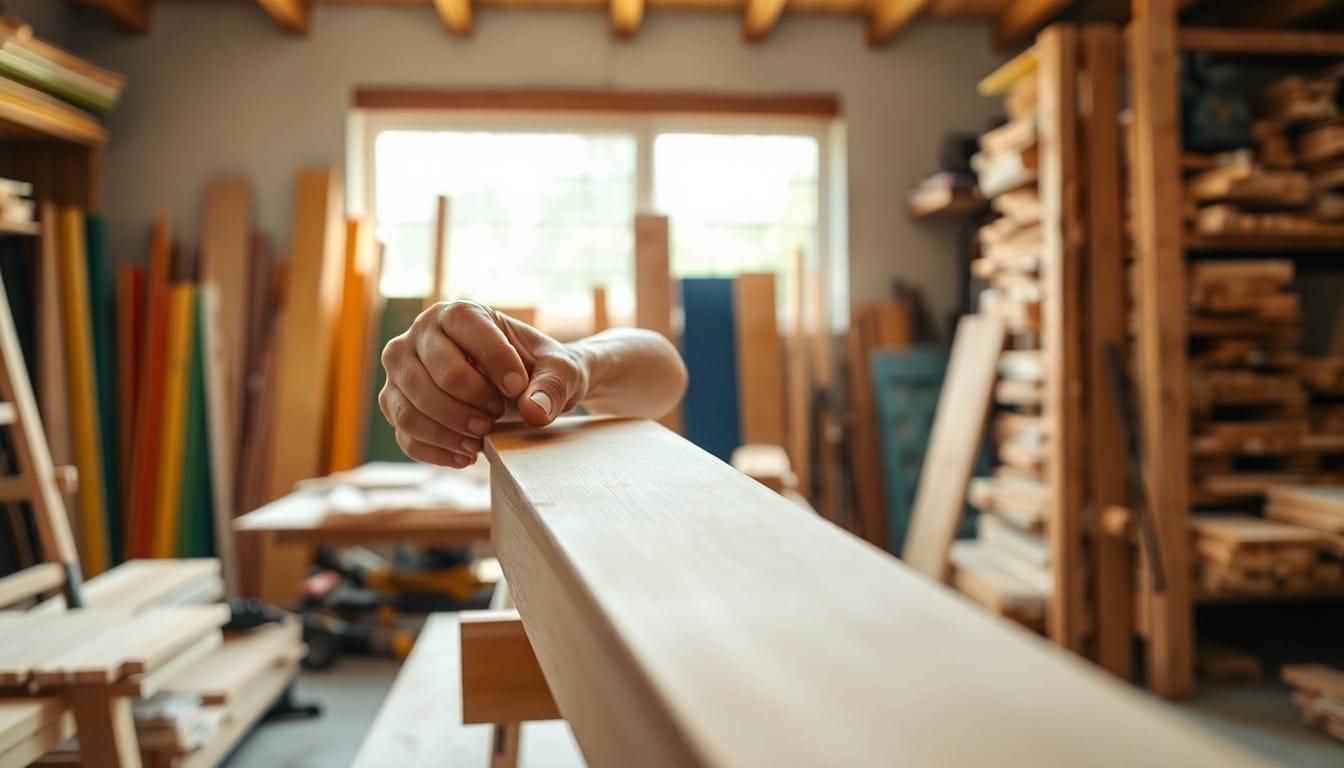 A carpenter apprenticeship in action, showcasing detailed craftsmanship with tools and timber in a bright workshop.