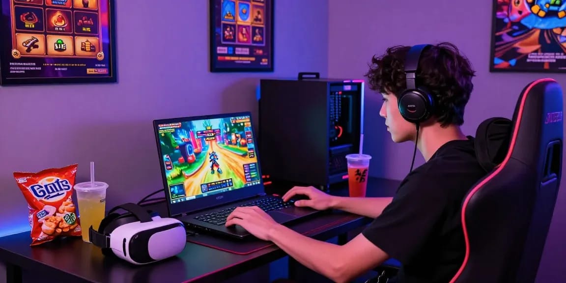 Player enjoying slot gacor on ZEUS222 gaming setup with vibrant graphics and snacks