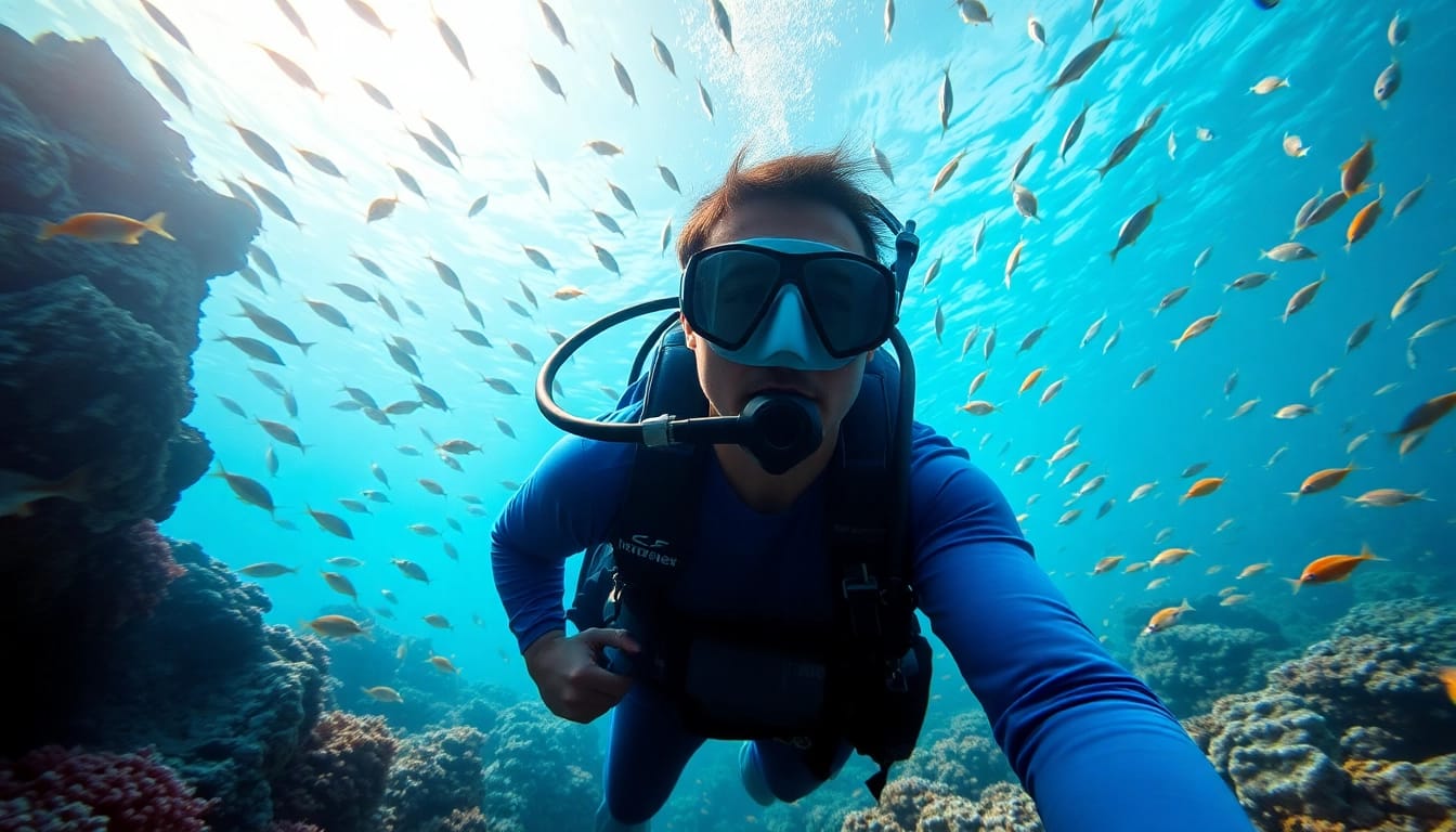 Tauchschule: Taucher erkundet lebendige Unterwasserwelt mit bunten Fischen.