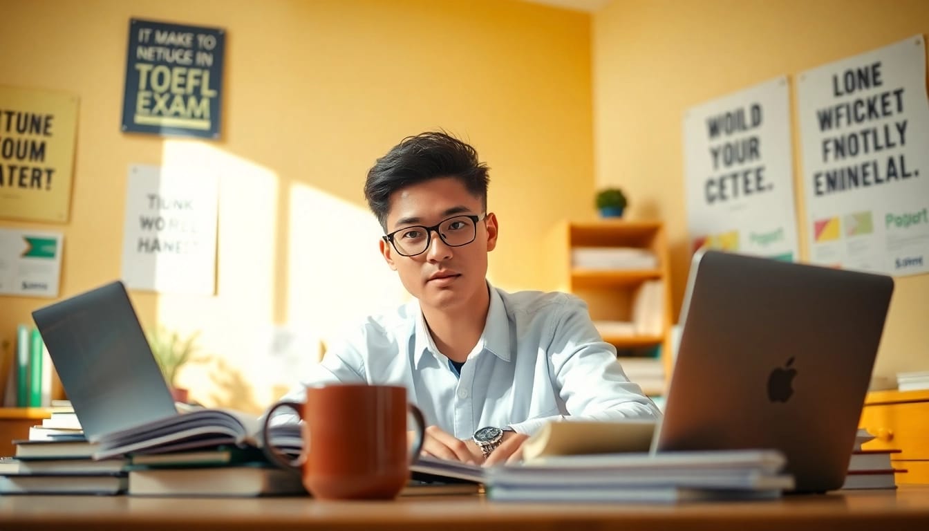 Focused student studying pays someone to take toefl exam with books and notes.