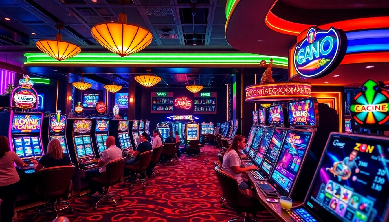 Spieler genießen spannendes casino spielen in einem eleganten Casino mit bunten Spielautomaten.