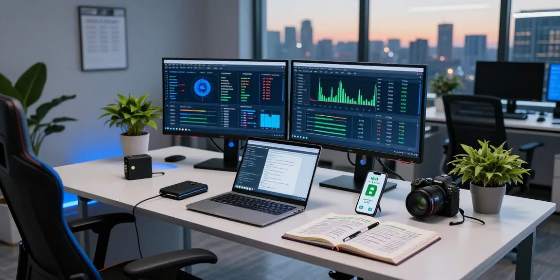 Sustainable bitcoin mining workspace with energy-efficient mining data on multiple screens, showcasing a modern tech environment.