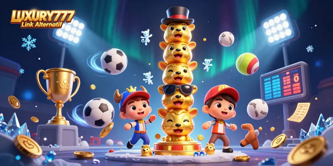 Menangkan permainan dengan LUXURY777 Link Alternatif dan simbol keberuntungan di sekitar totem kasino yang berkilauan.