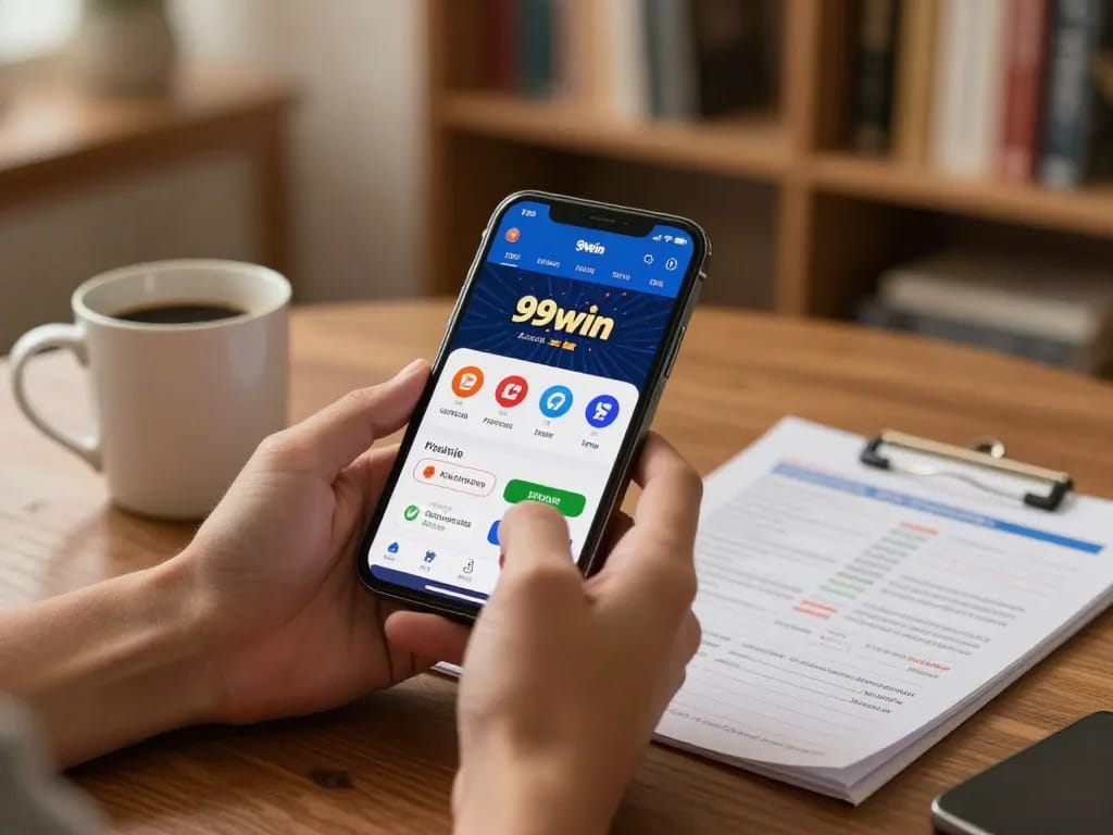 Engaging moment of online gambling with 99win app displayed on a smartphone at home